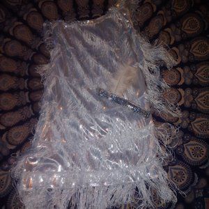 Beautiful Silver Fringe Flapper dress with Matching Feather Head Band